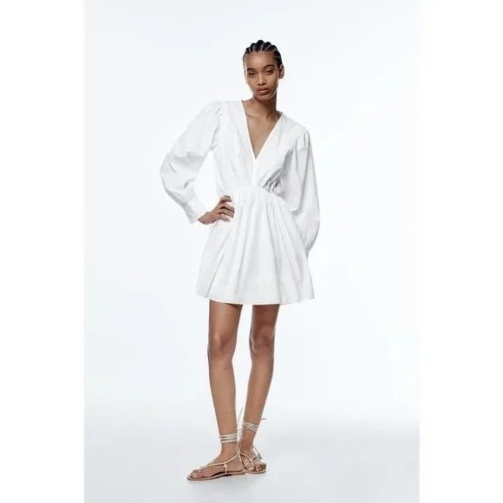 Zara Womens Dress Size XL White Embroidered Flowers Mini Long Sleeve Fit Flare